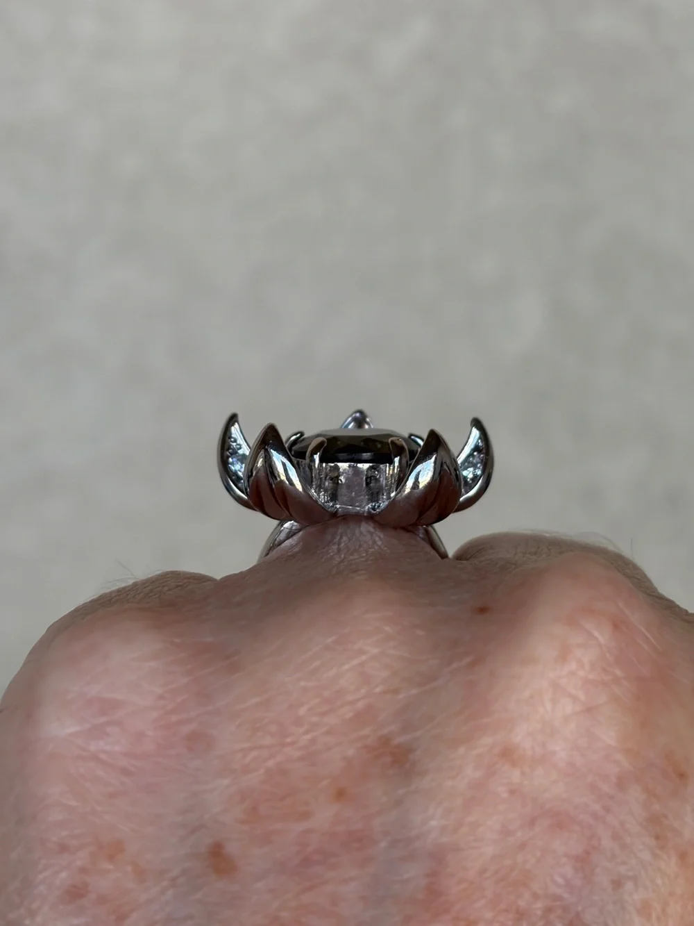 Camille Lucie Silver Flower Cocktail Ring with Smoky Crystal Center